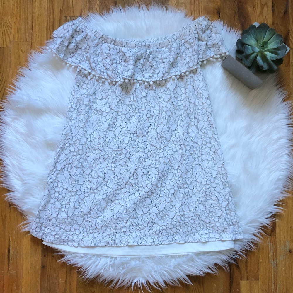 Lace & Pom Pom Off The Shoulder Dress